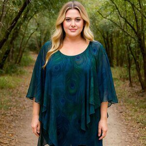 Indigo Soul Boho Peasant Sheer Lined Blouse Blue Floral 2XL Tunic Top Lagun Art